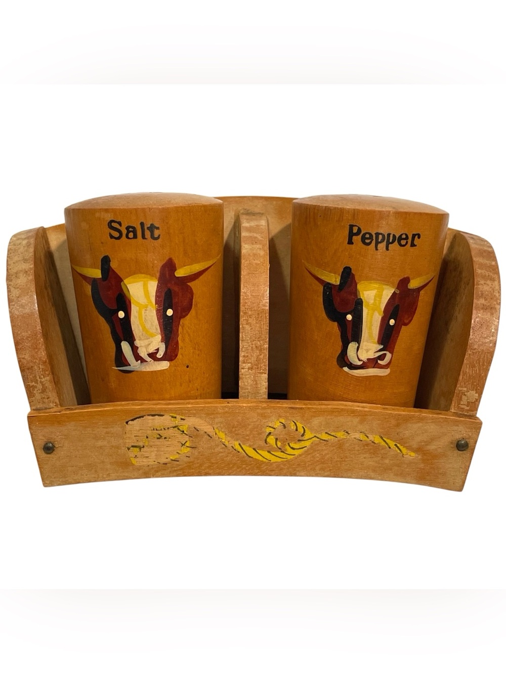 Vintage 1960s Western Hand Painted Bull Wooden Salt and Pepper Shakers & Holder